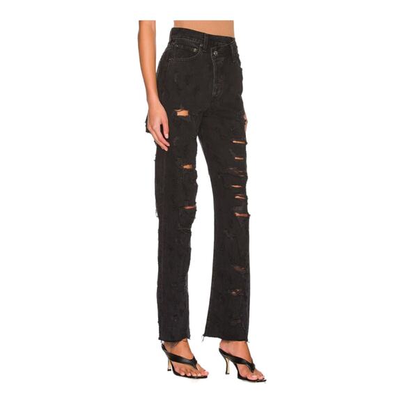 Agolde Distressed Criss Cross Jeans Black Women 26 Offset Button Closure - Picture 3 of 15